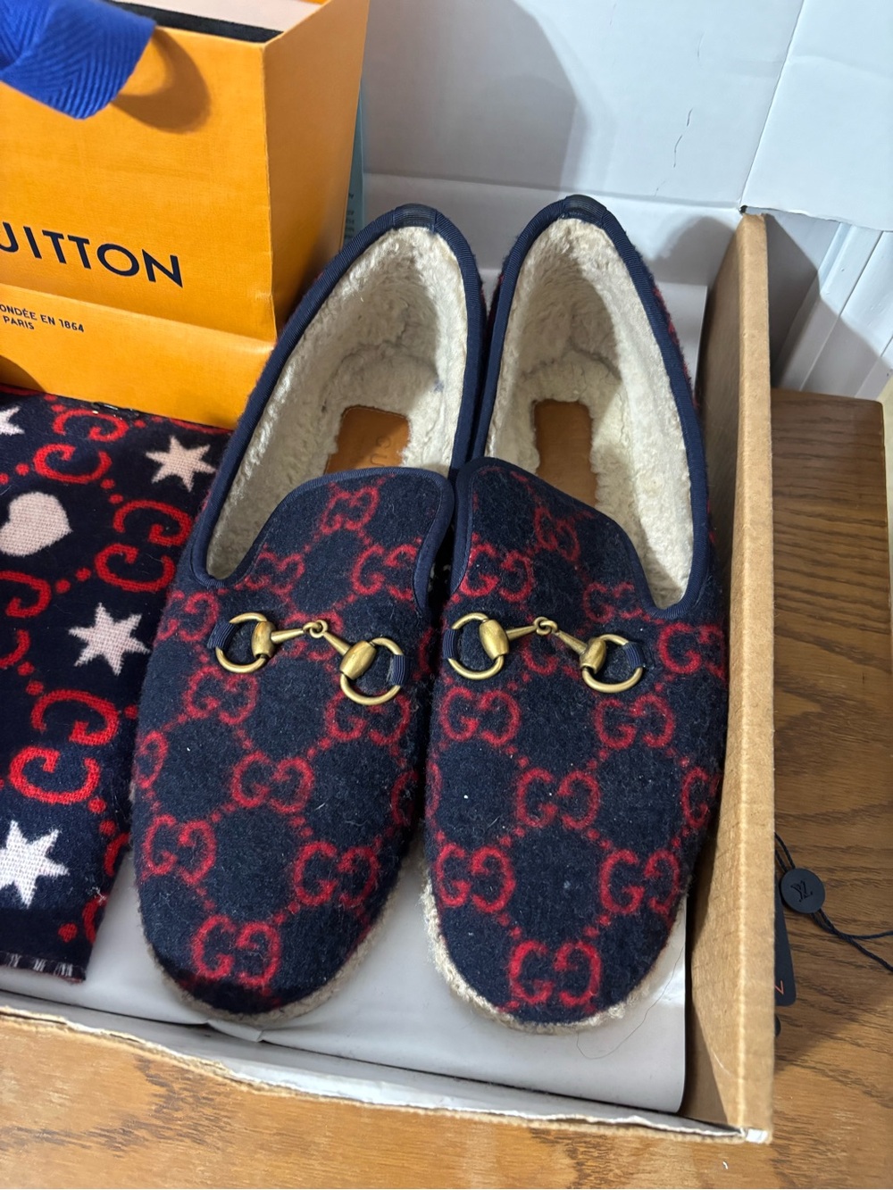 Gucci Navy and Red GG Wool Horsebit Slippers